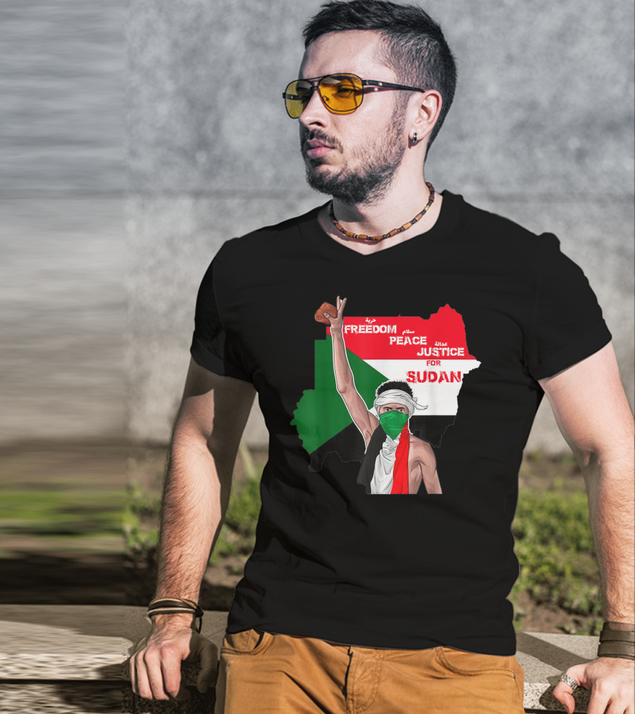 Freedom Peace Justice For Sudan Flag Arabic English Protester T-Shirt