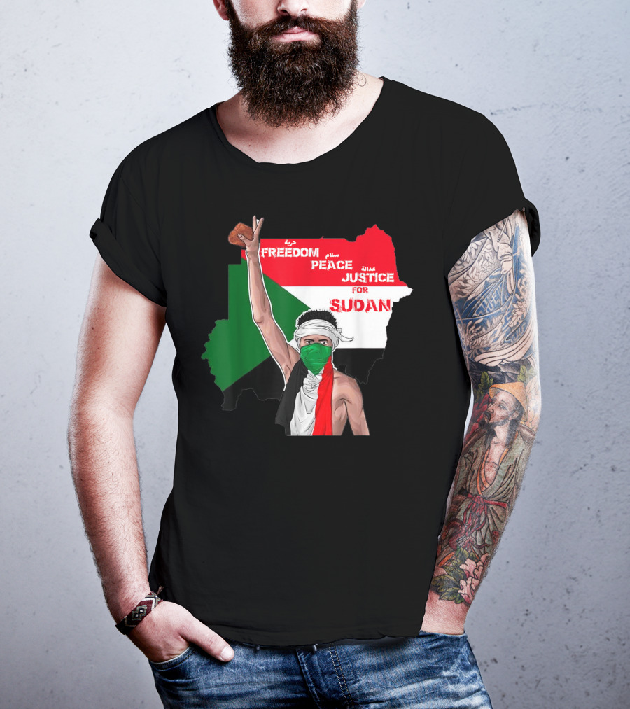 Freedom Peace Justice For Sudan Flag Arabic English Protester T-Shirt
