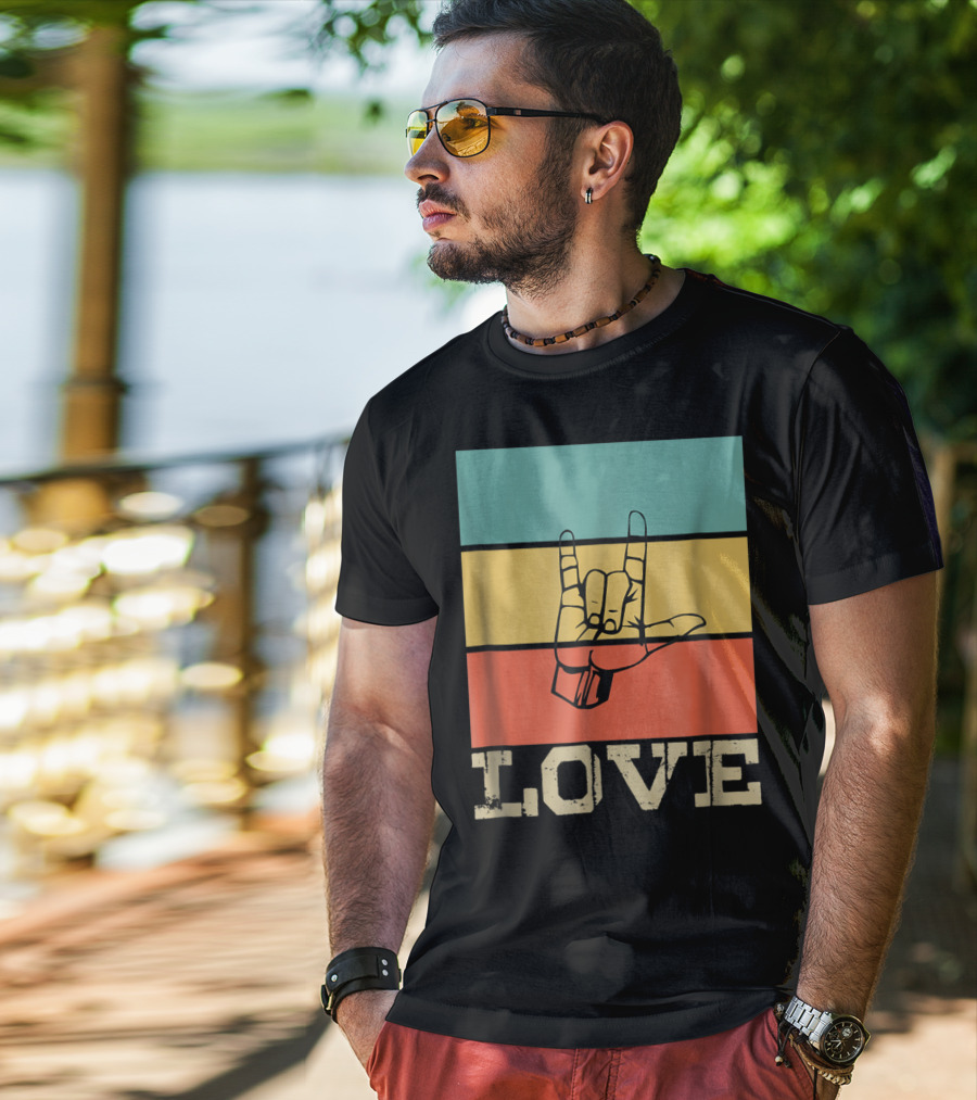 ASL Love Vintage Hand Sign Retro Color Blocks T-Shirt