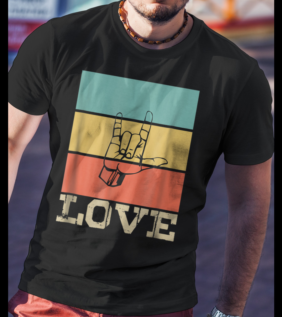 ASL Love Vintage Hand Sign Retro Color Blocks T-Shirt