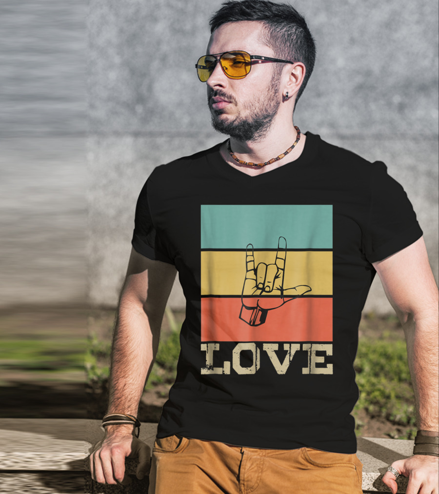 ASL Love Vintage Hand Sign Retro Color Blocks T-Shirt