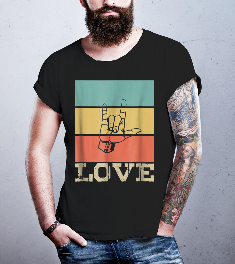 ASL Love Vintage Hand Sign Retro Color Blocks T-Shirt