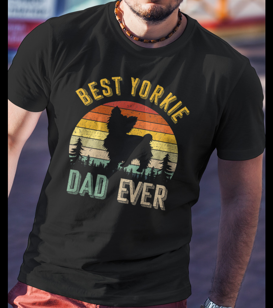 Best Yorkie Dad Ever Vintage 70s Retro Sunset Silhouette Pines T-Shirt