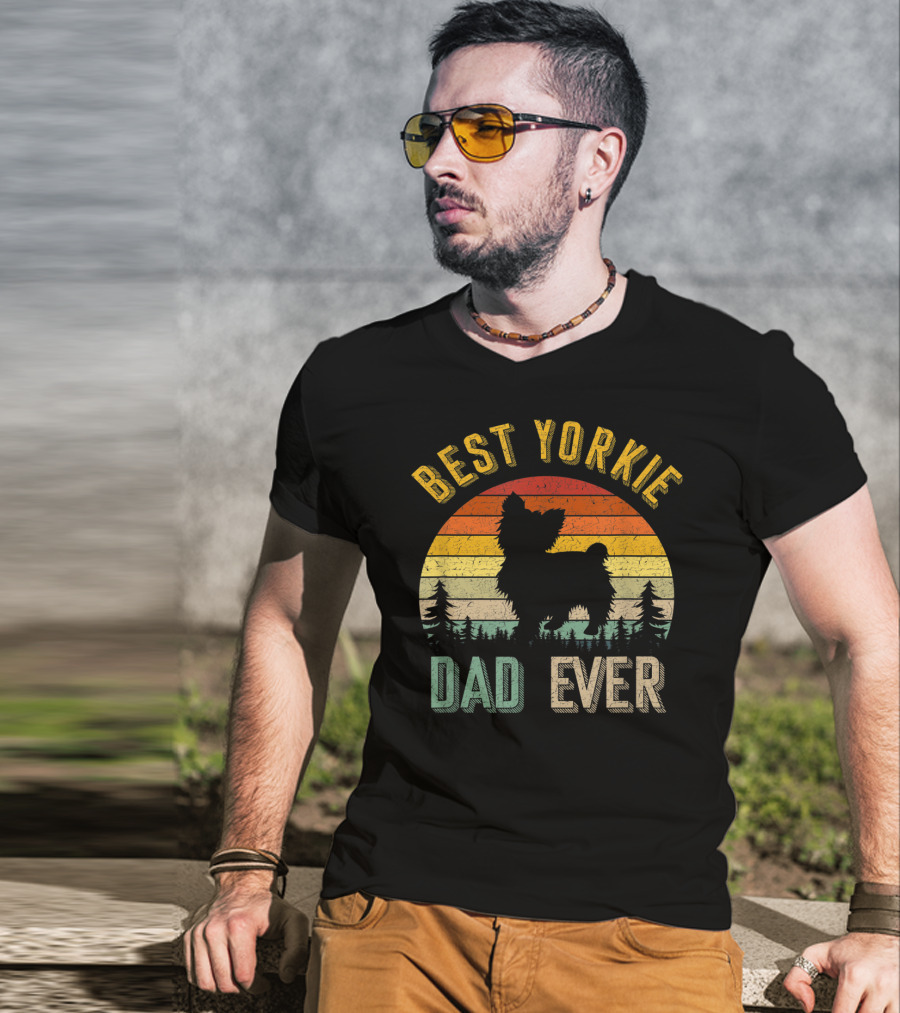 Best Yorkie Dad Ever Vintage 70s Retro Sunset Silhouette Pines T-Shirt