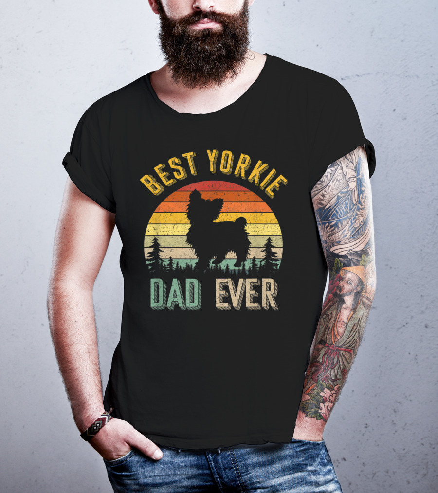 Best Yorkie Dad Ever Vintage 70s Retro Sunset Silhouette Pines T-Shirt