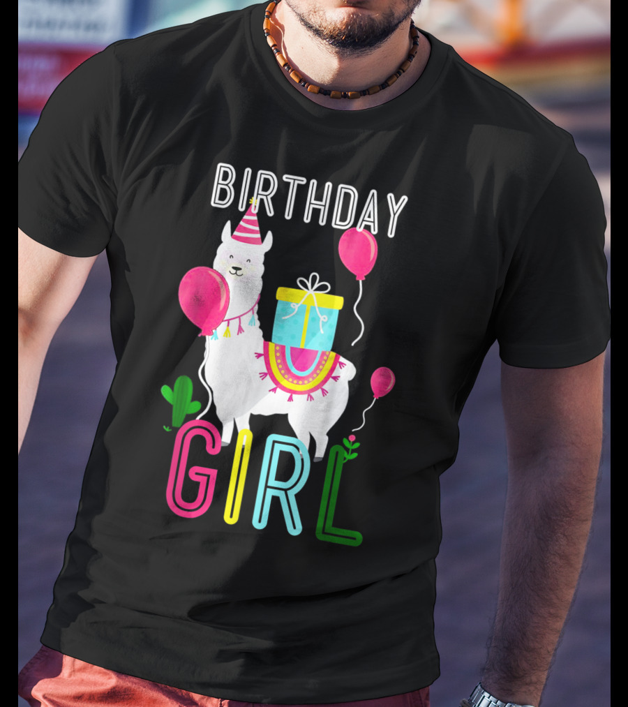 Birthday Girl Llama Cool Cute Alpaca With Balloons And Present T-Shirt