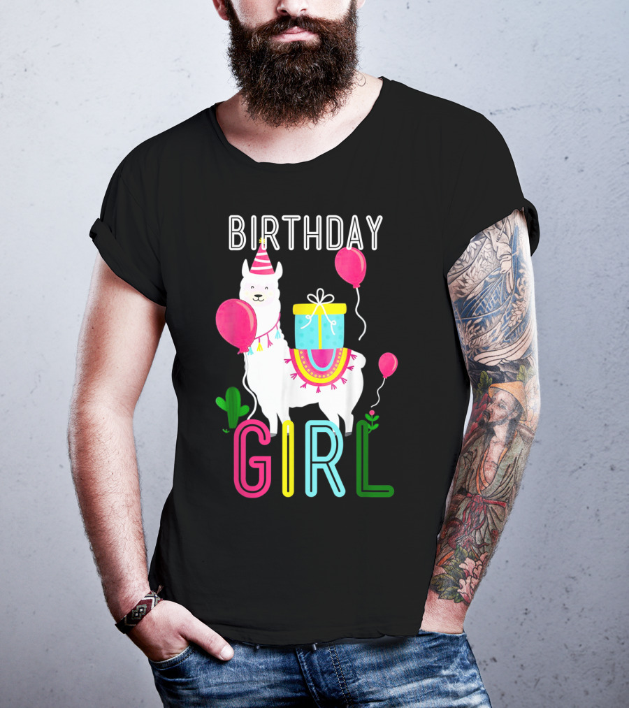 Birthday Girl Llama Cool Cute Alpaca With Balloons And Present T-Shirt