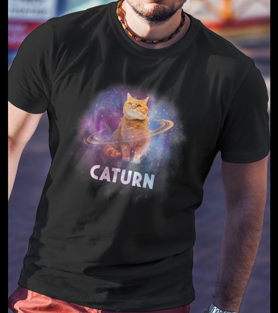 Caturn Cosmic Feline In Galaxy T-Shirt