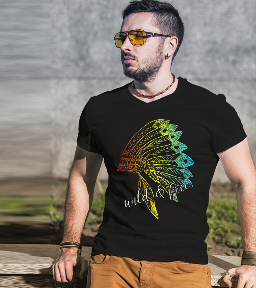 Wild And Free Colored Native American Headdress USA T-Shirt
