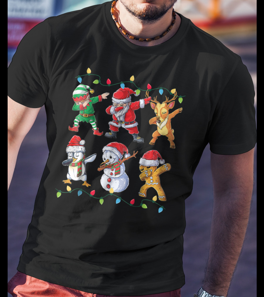Dabbing Santa Elf Reindeer Penguin Snowman Gingerbread Christmas Lights T-Shirt