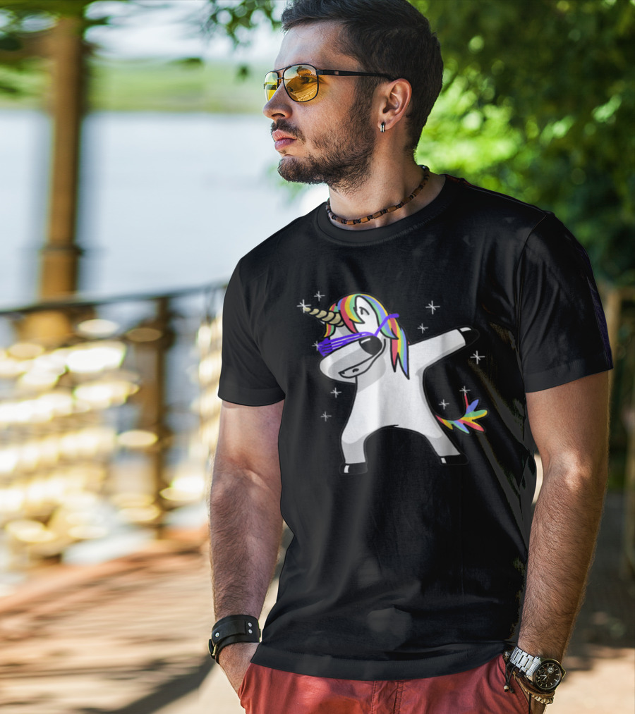 Rainbow Dabbing Unicorn With Sunglasses And Stars T-Shirt
