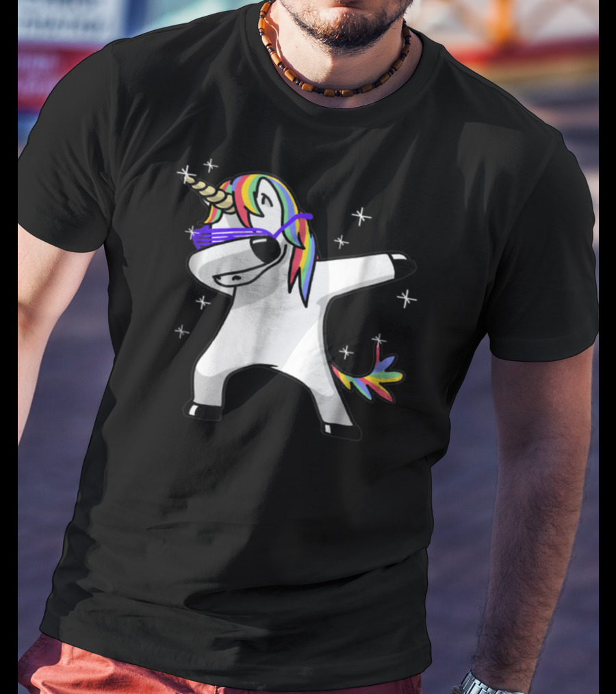 Rainbow Dabbing Unicorn With Sunglasses And Stars T-Shirt