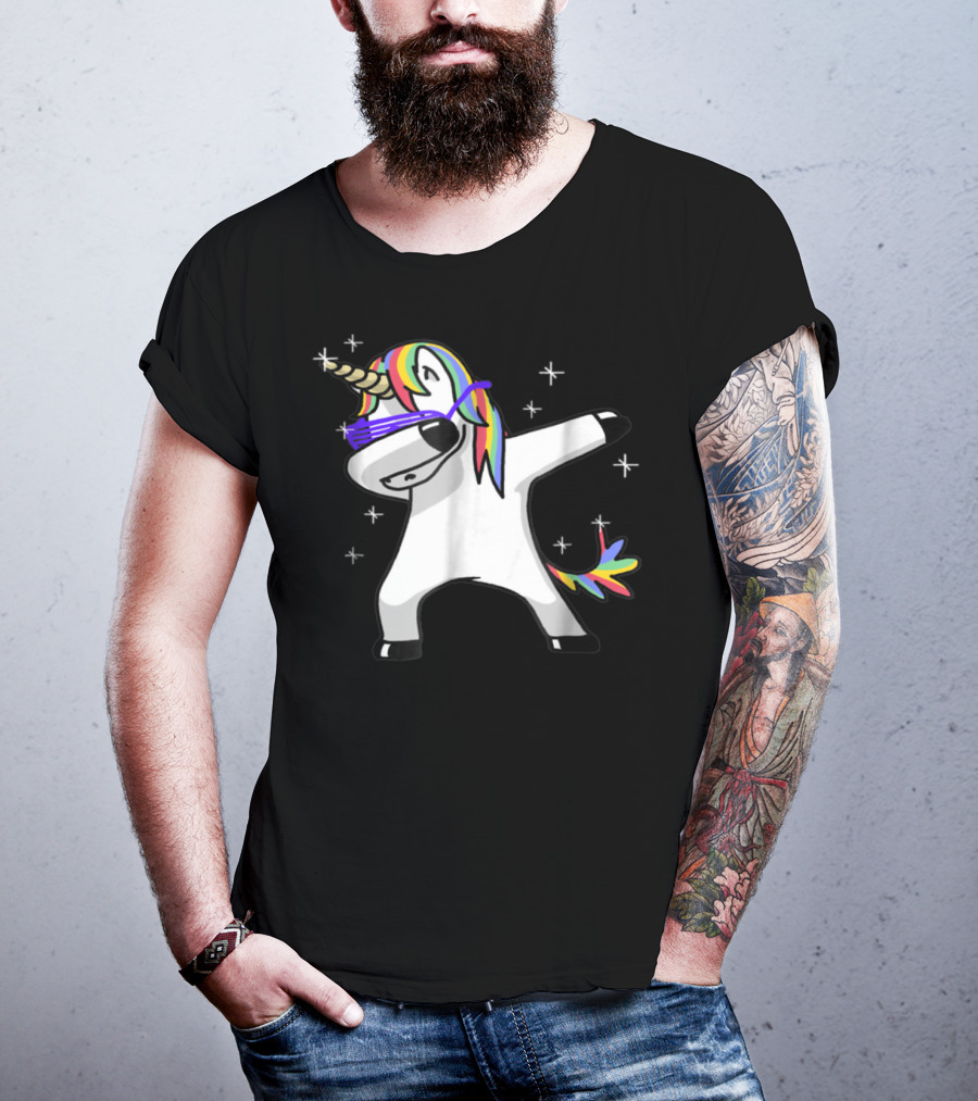 Rainbow Dabbing Unicorn With Sunglasses And Stars T-Shirt