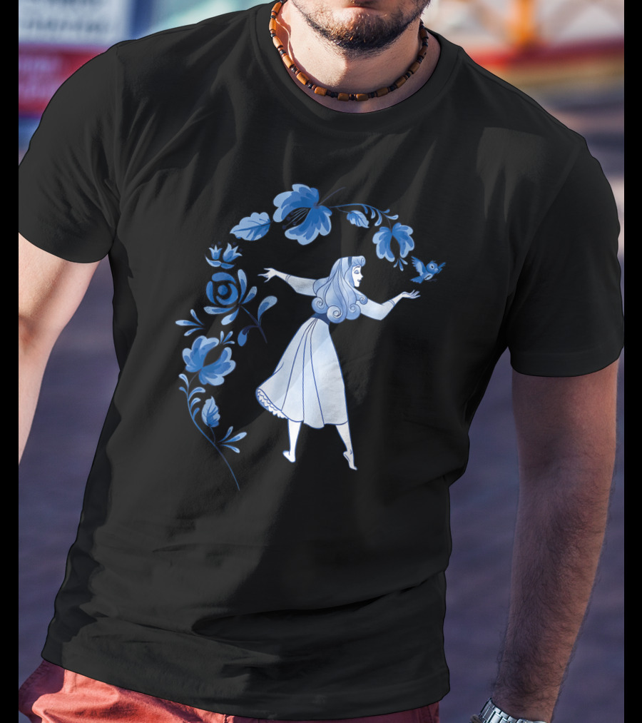 Disney Sleeping Beauty Princess Aurora With Blue Flowers And Bird T-Shirt