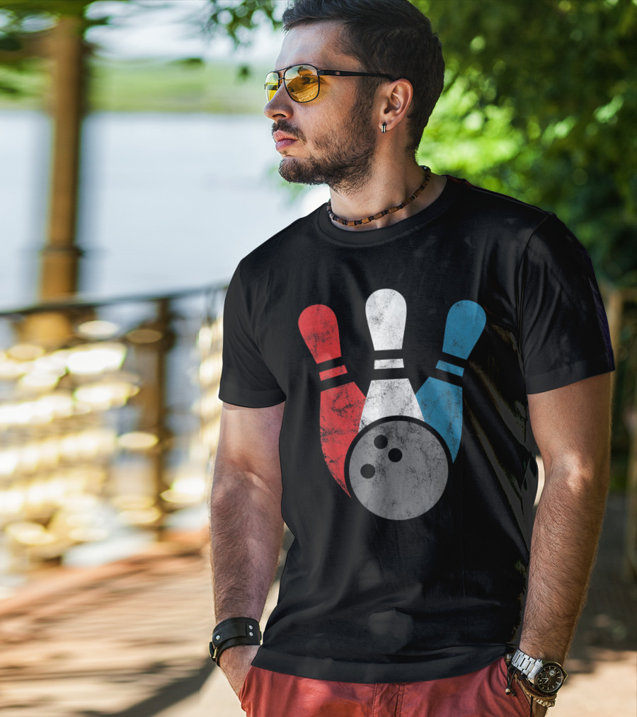 Distressed Red White Blue Bowling Pins With Bowling Ball T-Shirt