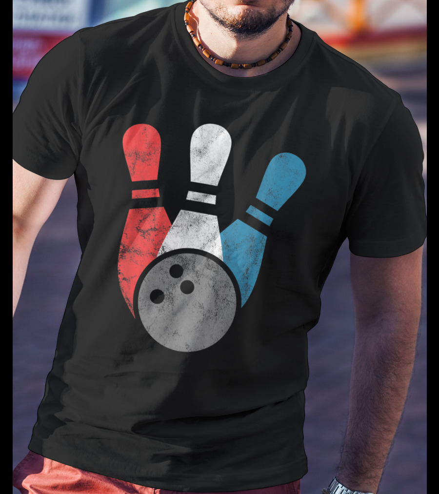 Distressed Red White Blue Bowling Pins With Bowling Ball T-Shirt
