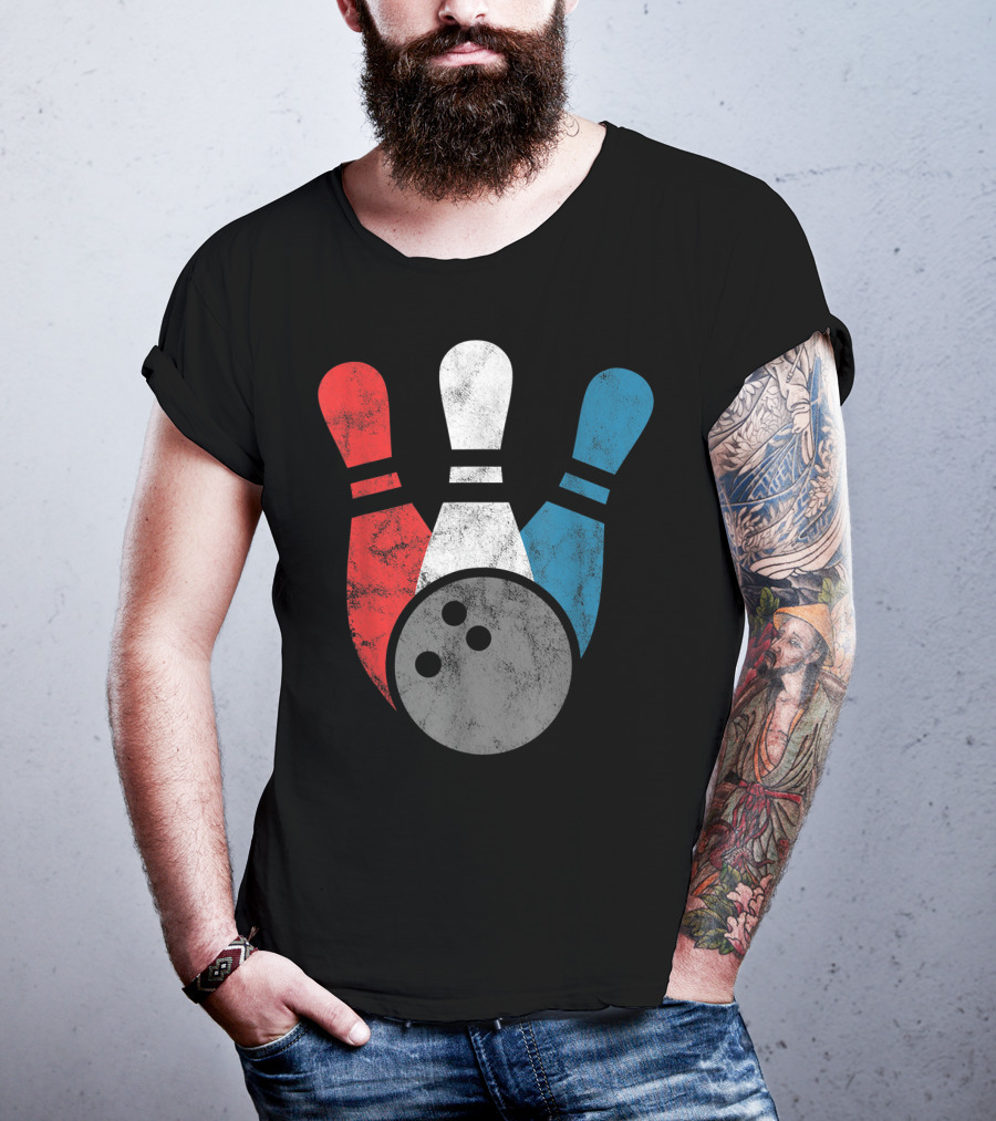 Distressed Red White Blue Bowling Pins With Bowling Ball T-Shirt