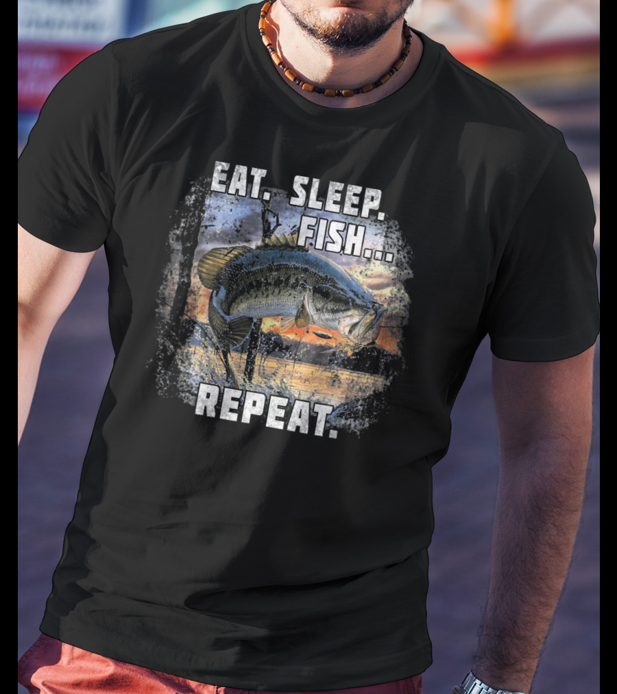 Eat Sleep Fish Repeat Bass Fishing Adventure Lake Sunrise T-Shirt