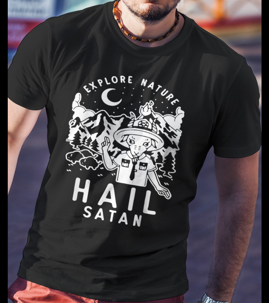 Explore Nature Hail Satan Baphomet Scout IN Mountain Landscape With Night Sky T-Shirt