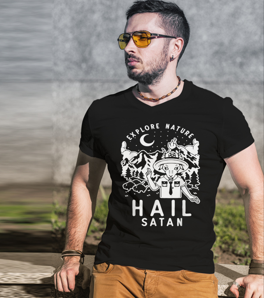 Explore Nature Hail Satan Baphomet Scout IN Mountain Landscape With Night Sky T-Shirt
