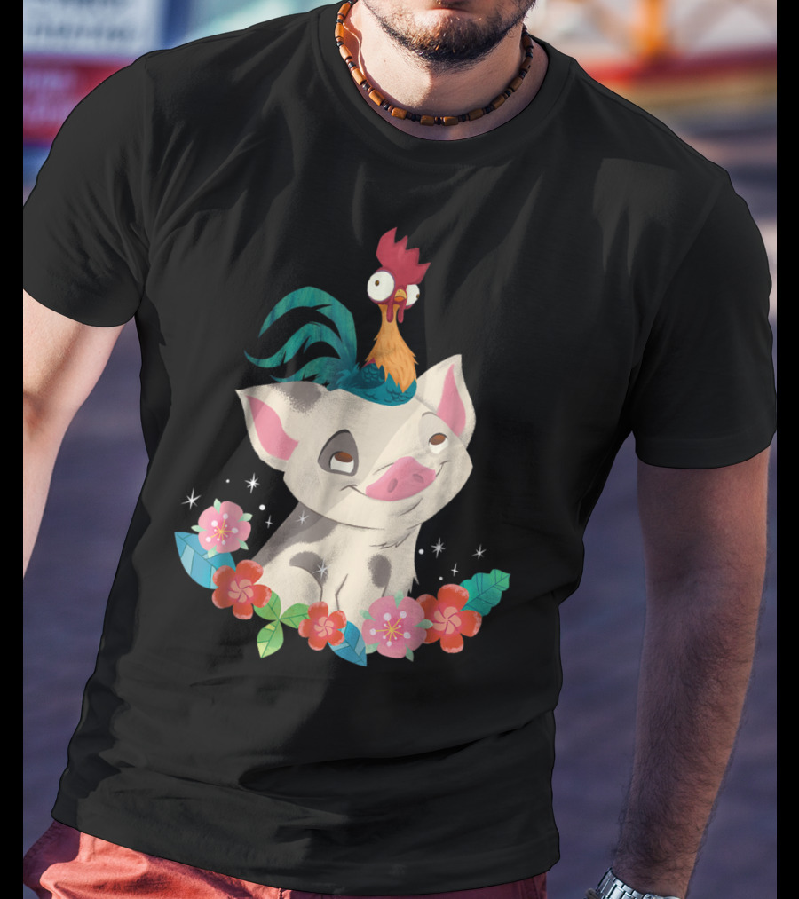 Disney Moana HeiHei And Pua With Colorful Flowers T-Shirt