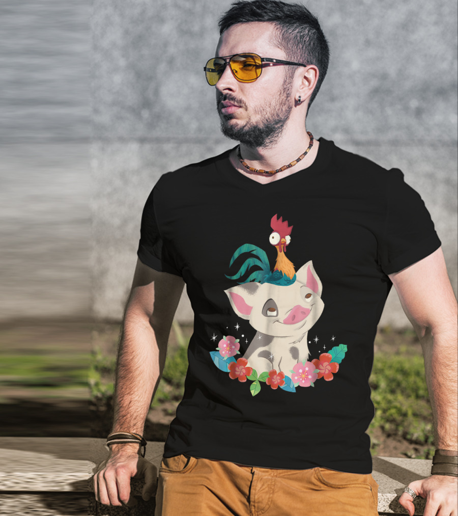 Disney Moana HeiHei And Pua With Colorful Flowers T-Shirt