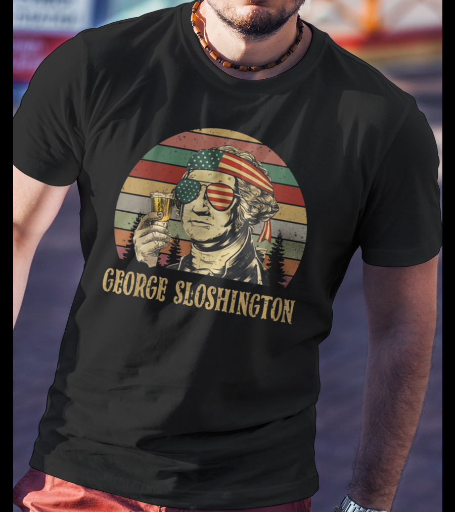 George Sloshington Retro Patriotic George Washington With American Flag Bandana And Sunglasses T-Shirt