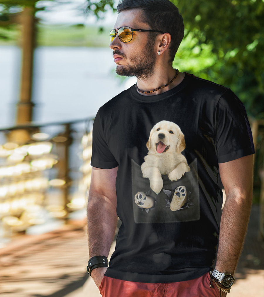 Golden Retriever Puppy Peeking From Pocket T-Shirt