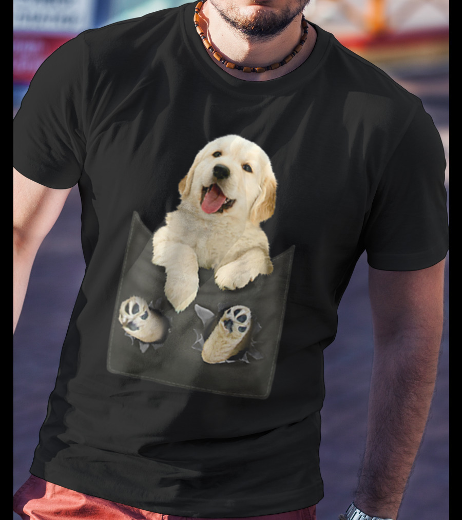 Golden Retriever Puppy Peeking From Pocket T-Shirt
