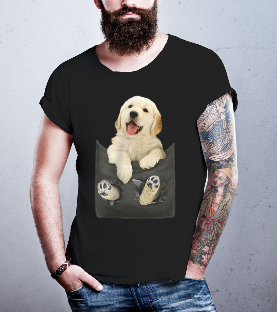 Golden Retriever Puppy Peeking From Pocket T-Shirt