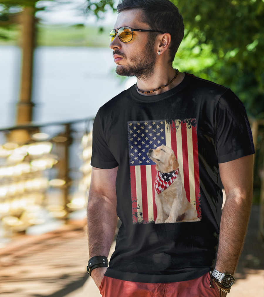 Golden Retriever Smiling American Flag Bandana T-Shirt
