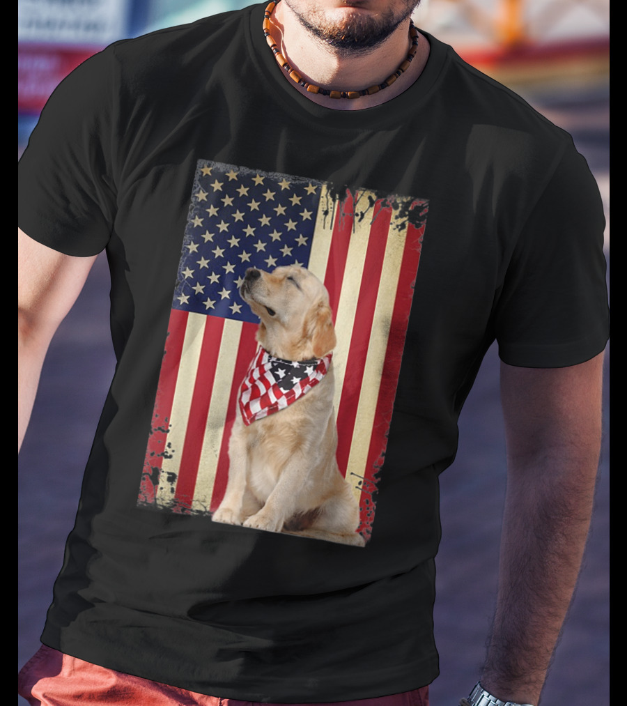 Golden Retriever Smiling American Flag Bandana T-Shirt