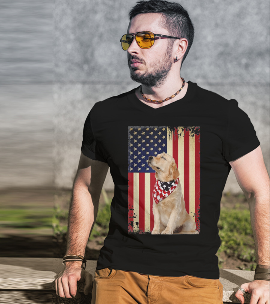Golden Retriever Smiling American Flag Bandana T-Shirt