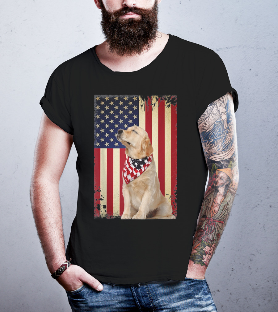 Golden Retriever Smiling American Flag Bandana T-Shirt