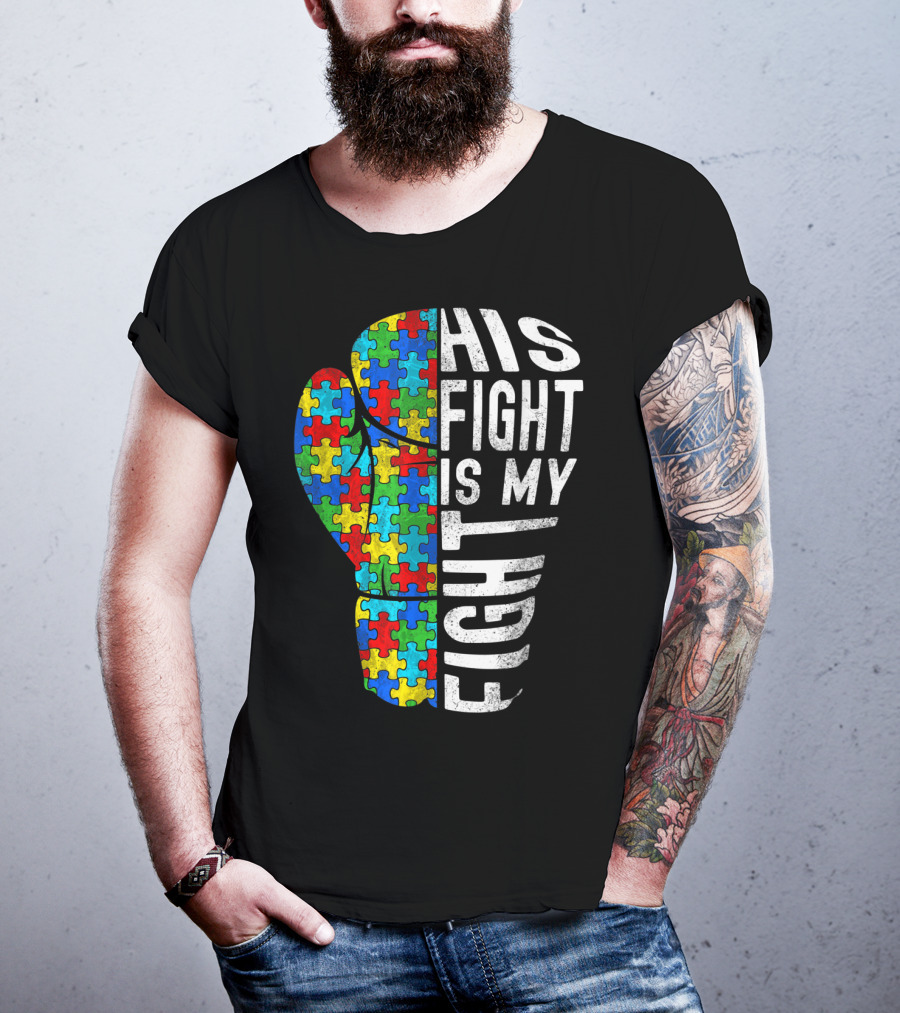 His Fight Is My Fight Autism Awareness Puzzle Boxing Glove T-Shirt