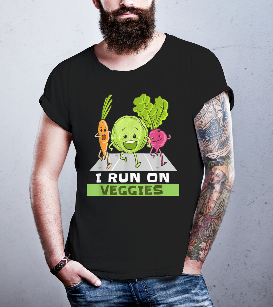 I Run On Veggies Funny Vegan Vegetarian Carrot Cabbage Beet Running T-Shirt