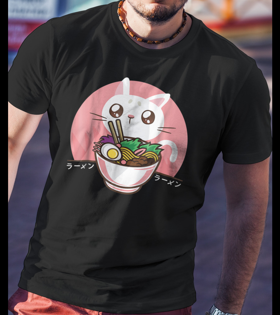 Kawaii Japanese Ramen Noodles Anime Cat Love T-Shirt