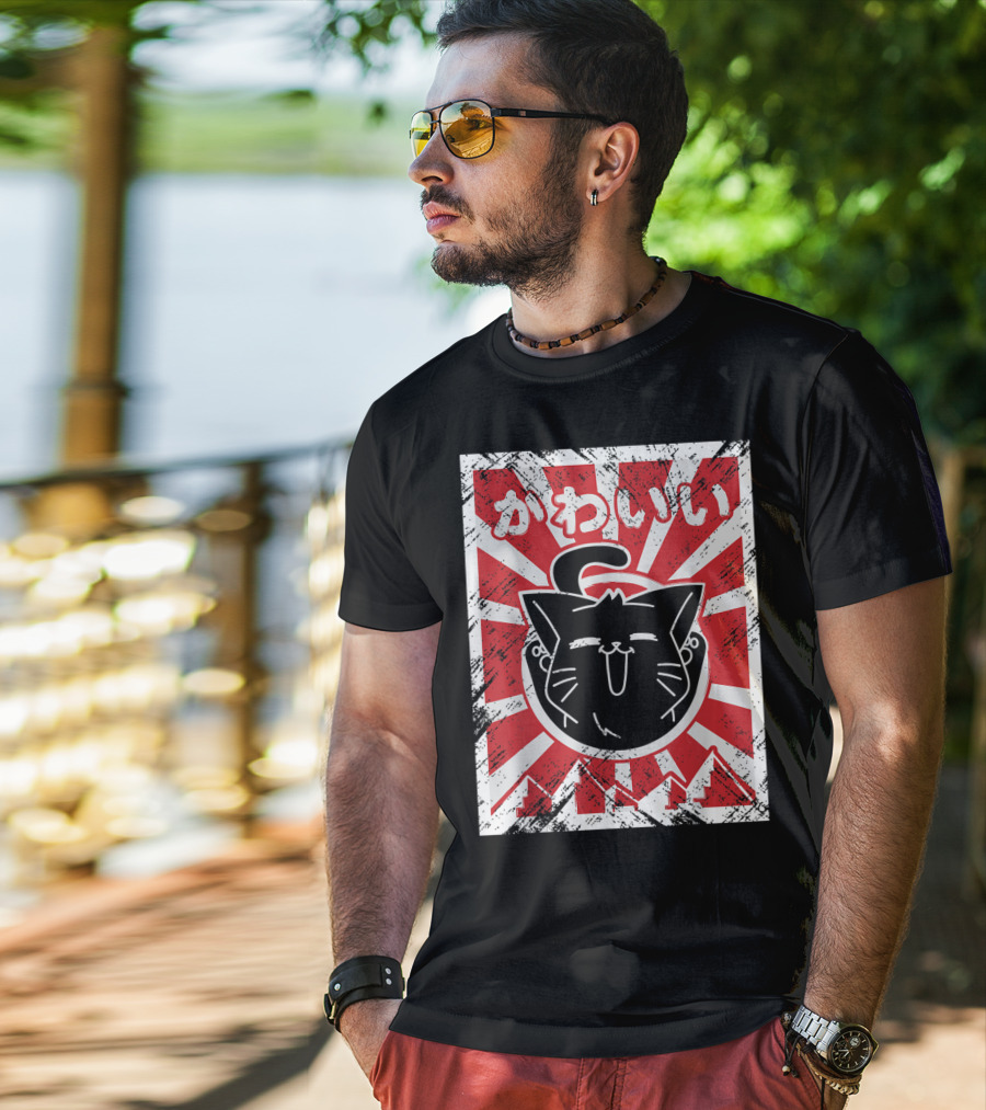 Kawaii Anime Cute Japanese Cat With Red Rising Sun Background T-Shirt