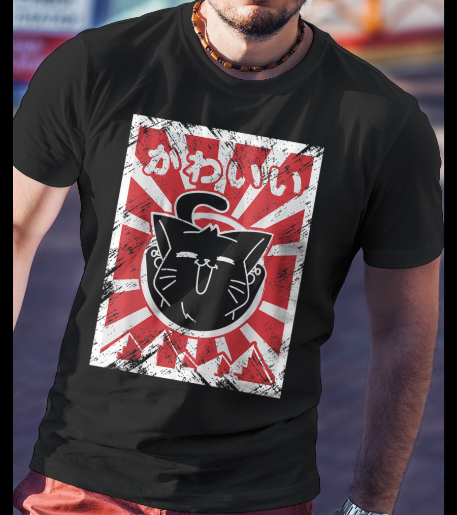 Kawaii Anime Cute Japanese Cat With Red Rising Sun Background T-Shirt