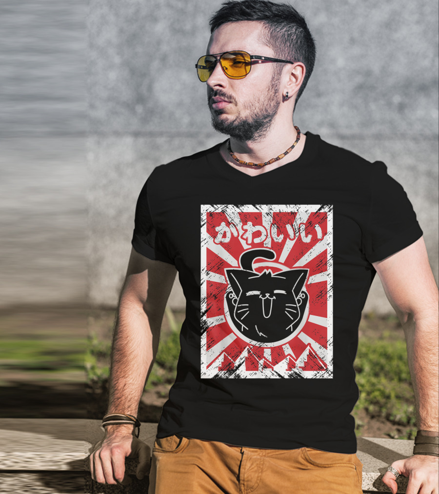Kawaii Anime Cute Japanese Cat With Red Rising Sun Background T-Shirt