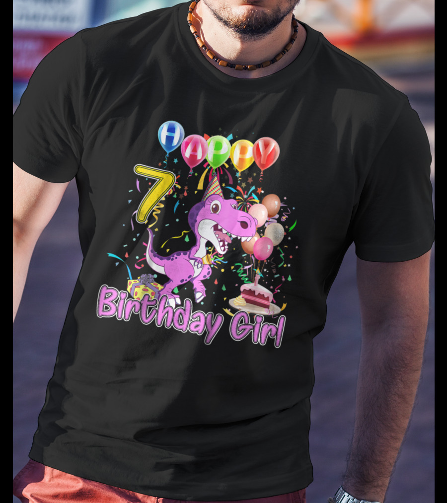 Happy 7 Birthday Girl Dinosaur Party Balloons Cake T-Shirt