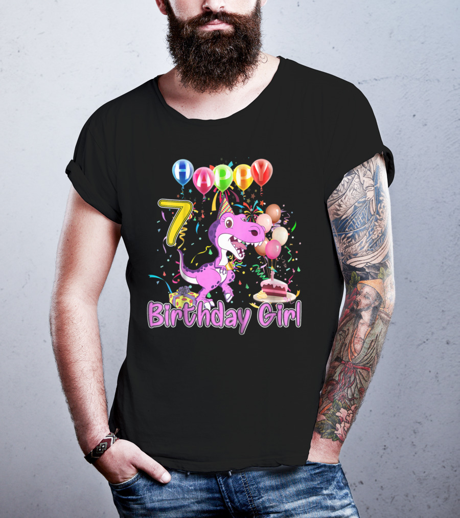 Happy 7 Birthday Girl Dinosaur Party Balloons Cake T-Shirt