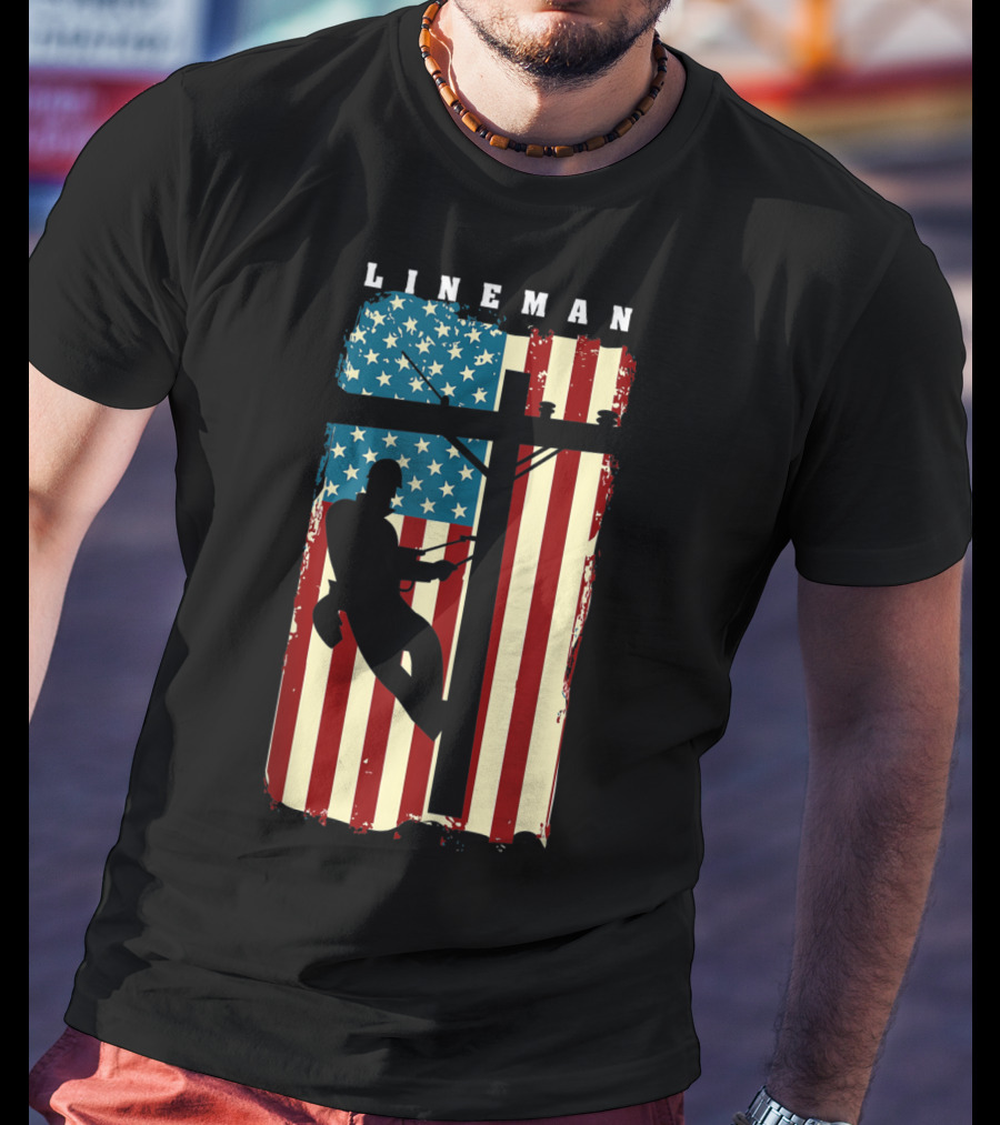 Lineman Silhouette Against American Flag Background With Electric Cable Pole T-Shirt
