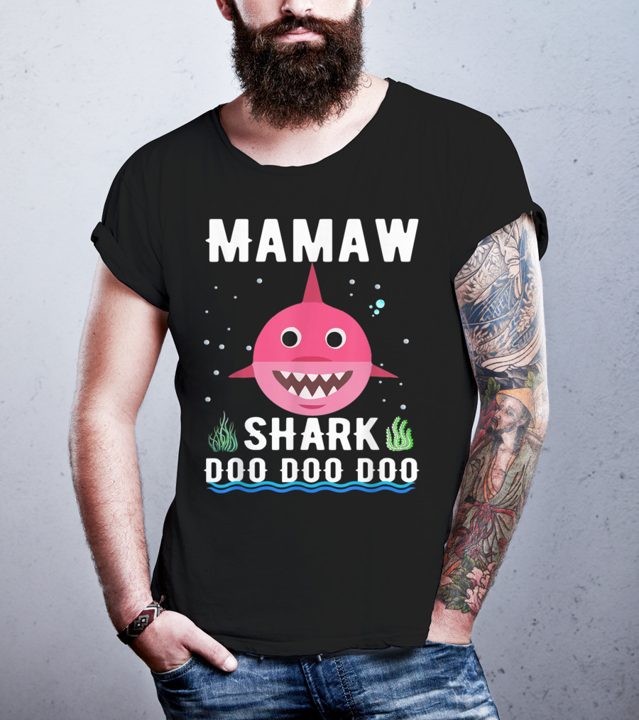 Mamaw Shark Doo Doo Doo Family Pink Shark Illustration Bubbles Waves Seaweed T-Shirt