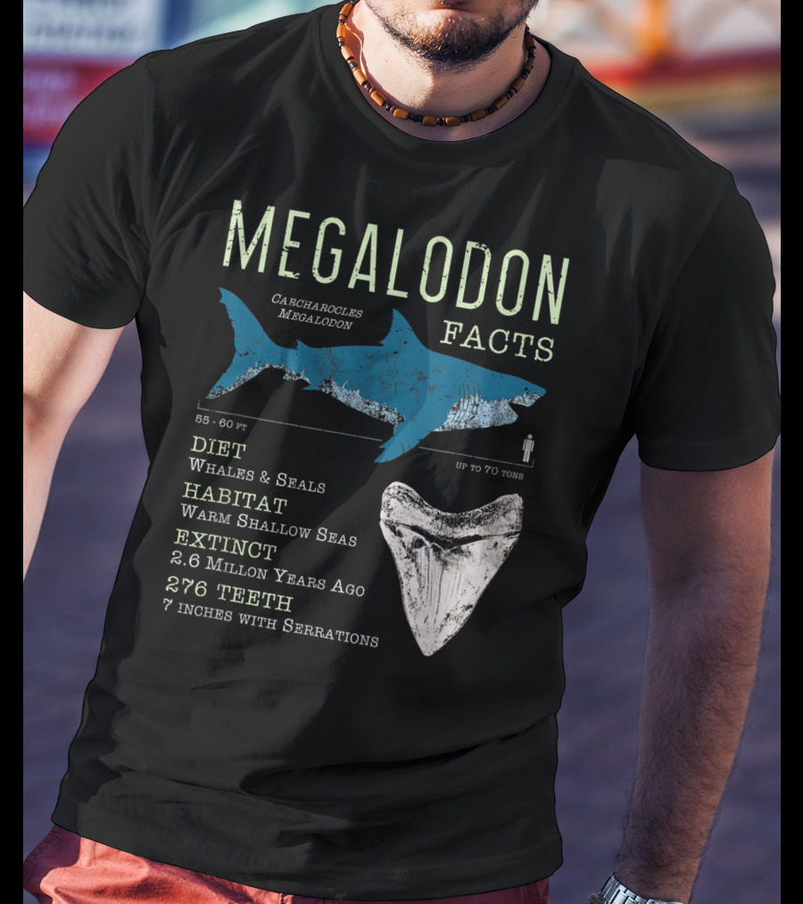 Megalodon Facts Funny Shark Lover Carcharocles Megalodon Diet Habitat Extinct 276 Teeth T-Shirt