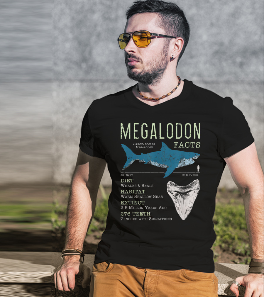 Megalodon Facts Funny Shark Lover Carcharocles Megalodon Diet Habitat Extinct 276 Teeth T-Shirt