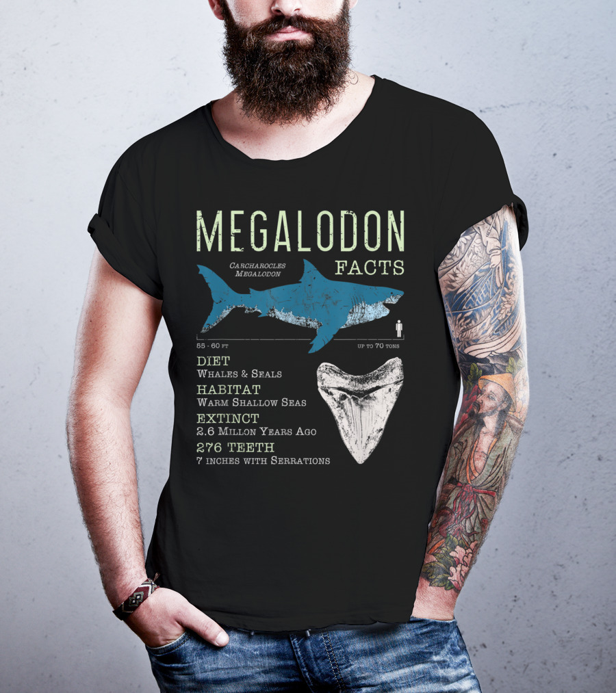 Megalodon Facts Funny Shark Lover Carcharocles Megalodon Diet Habitat Extinct 276 Teeth T-Shirt
