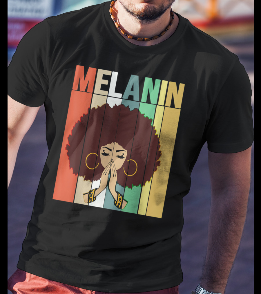 Melanin Vintage Black Afro Woman Prayer Hands Golden Hoop Earrings T-Shirt