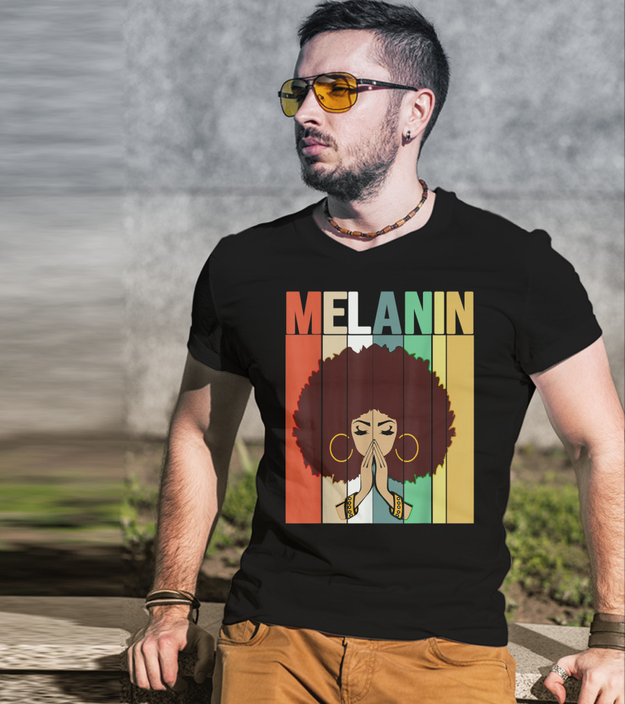 Melanin Vintage Black Afro Woman Prayer Hands Golden Hoop Earrings T-Shirt