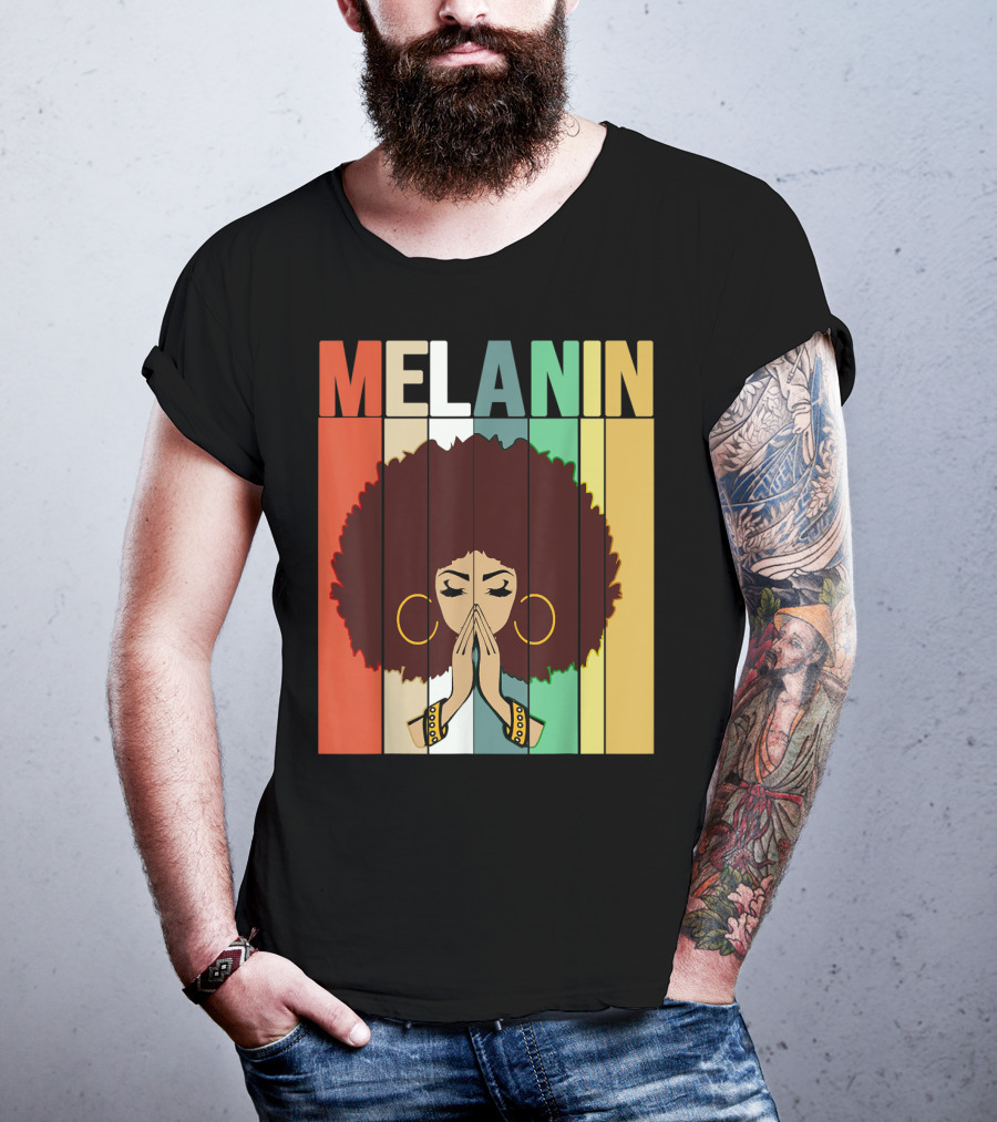 Melanin Vintage Black Afro Woman Prayer Hands Golden Hoop Earrings T-Shirt